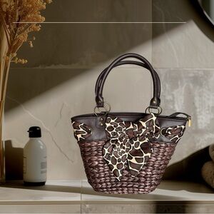Brown Woven Handbag with Bow Accent